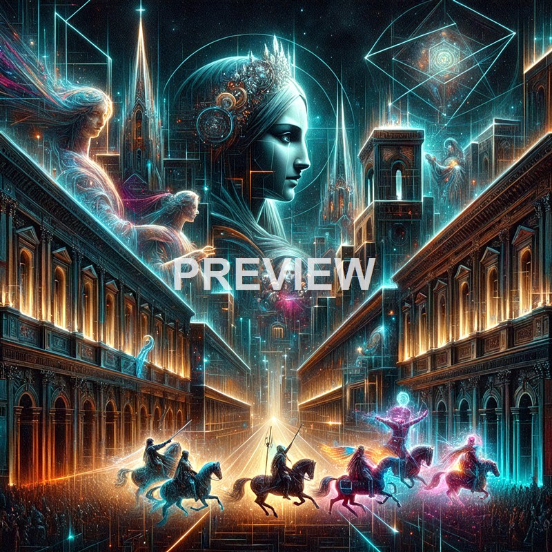 A futuristic cityscape with glowing, holographic elements, featuring large, ethereal portraits of women and a procession of armored knights on horseback at the street level.